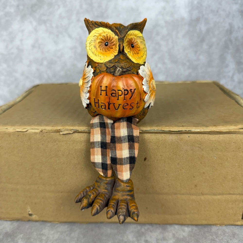 Vtg Happy Harvest Owl Shelf Sitter Pumpkin Plaid Leg Fall Decor Figurine 90s Y2K